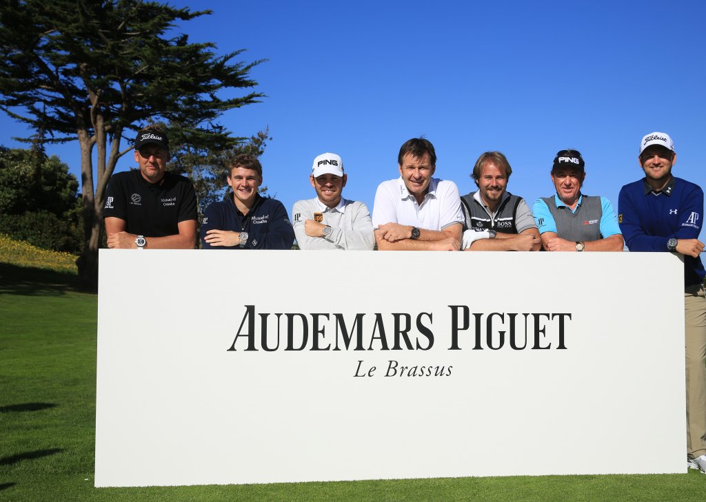 The group of Audemars Piguet ambassadors. Left to right: Ian Poulter, Bud Cauley, Louis Oosthuizen, Sir Nick Faldo, Victor Dubuisson, Miguel Ángel Jiménez, Bernd Wiesberger