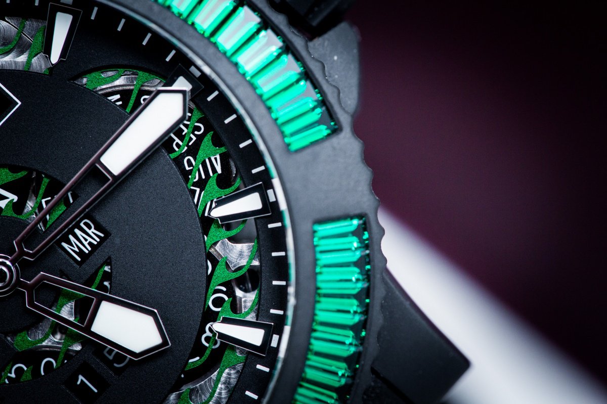 Ulysse Nardin Marine Perpetual watch with diamonds and rubber bezel Baselwolrd 2015 close up