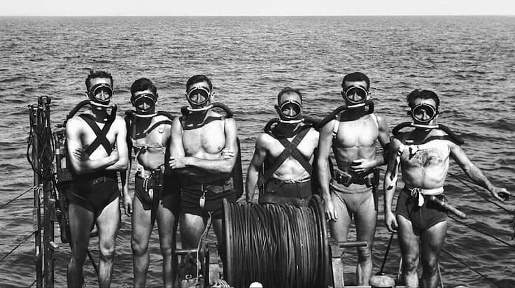 French Naval GRS team, shot in 1947 shows Jacques-Yves Cousteau on the far left