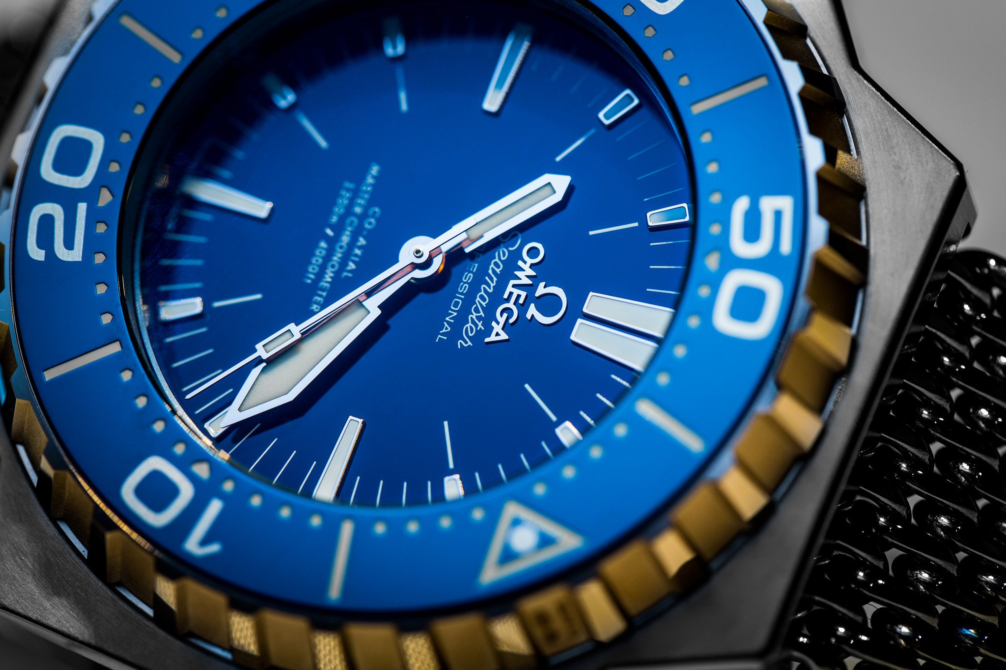 Omega Seamaster Ploprof 1200M Master Chronometer Co-Axial Blue Dial Close Up