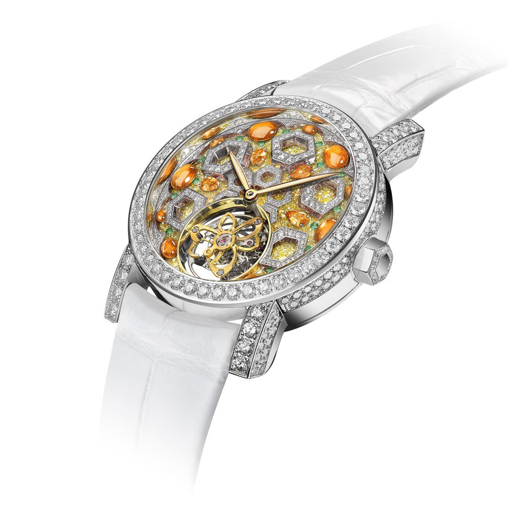 Profile of Abeille mechanical manual-winding tourbillon watch in white gold set with sapphires, spessartite garnets, tourmalines and brilliant-cut diamonds.