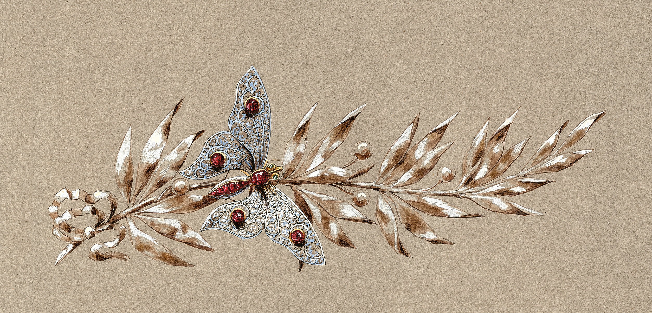 Preparatory sketch of a butterfly and laurel branch brooch
