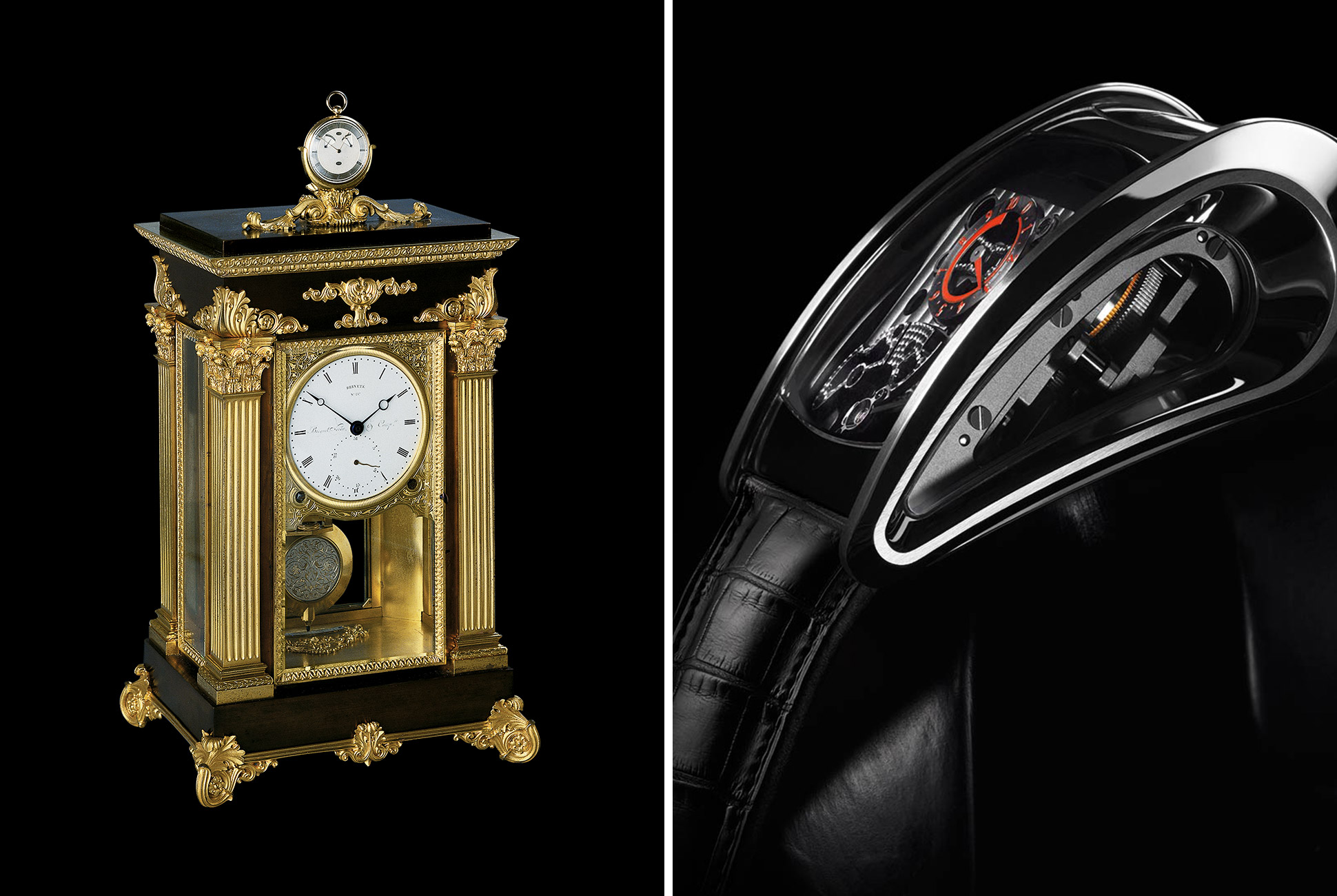 Two of Parmigiani's most interesting (and contrasting pieces): his restoration of a Breguet “sympathetic” clock (a pocket watch that docks and synchronizes to a pendulum clock) and the avant-garde piece created in collaboration with Bugatti.