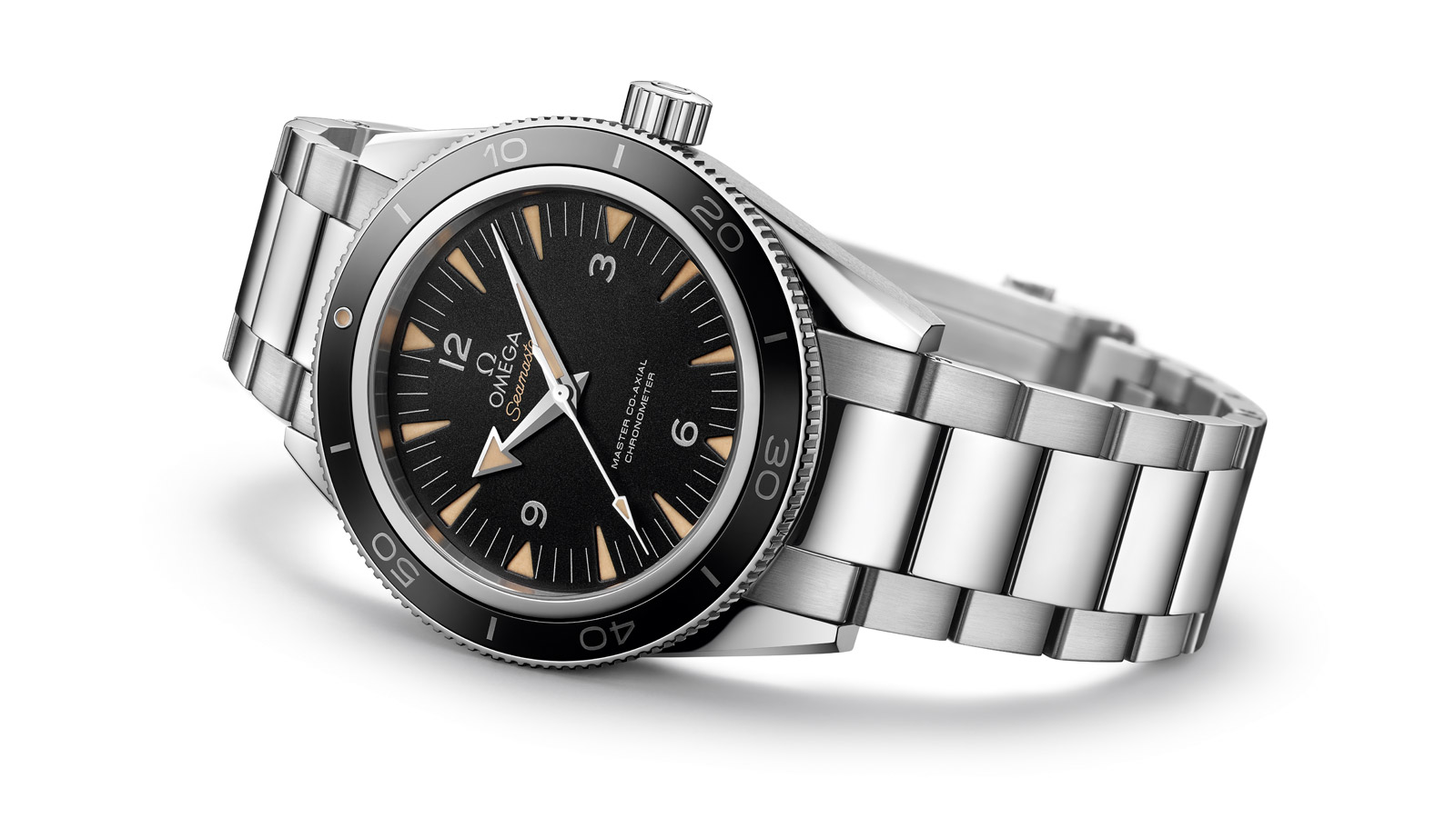 Side of Omega Seamaster 300 Master Co-Axial diving watch