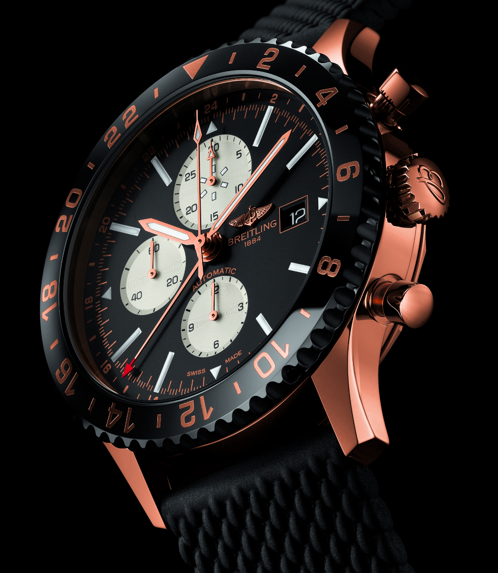 Side of Breitling Chronoliner red gold special edition 